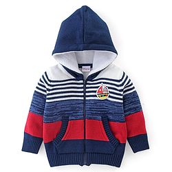 Babyhug Full Sleeves Striped Hooded Sweater - Blue & Red