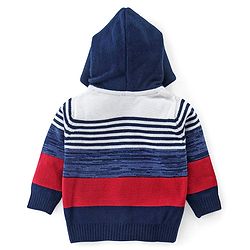Babyhug Full Sleeves Striped Hooded Sweater - Blue & Red