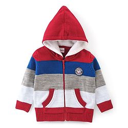 Babyhug Full Sleeves Striped Hooded Sweater- Blue & Red