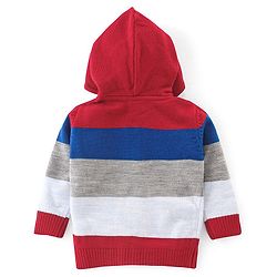 Babyhug Full Sleeves Striped Hooded Sweater- Blue & Red
