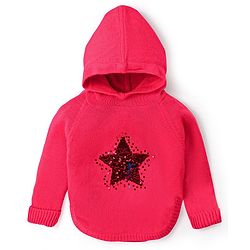 Babyhug Knit Full Sleeves Hooded Sweater with Sequin Star Design - Coral Red
