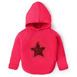 Babyhug Knit Full Sleeves Hooded Sweater with Sequin Star Design - Coral Red