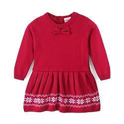 Babyhug Knit Full Sleeves Woolen Dress With Floral Design & Bow- Red