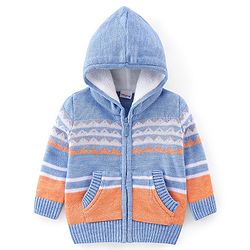 Babyhug Knitted Full Sleeves Front Open Sweater with Hood & Stripes Design - Blue & Orange