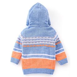Babyhug Knitted Full Sleeves Front Open Sweater with Hood & Stripes Design - Blue & Orange