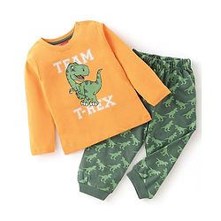 Babyhug Cotton Knit Full Sleeves Night Suit With Dino Print - Orange & Green