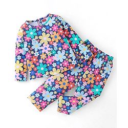 Babyhug Single Jersey Cotton Knit Full Sleeves Night Suit Floral Print - Navy