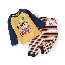 Babyhug Cotton Full Sleeves Night Suit Bus & Stripes Print- Yellow & Blue