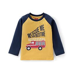 Babyhug Cotton Full Sleeves Night Suit Bus & Stripes Print- Yellow & Blue