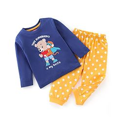 Babyhug Cotton Knit Full Sleeves Night Suit Teddy Print - Navy Blue & Yellow