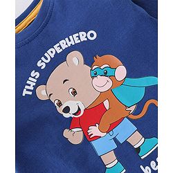 Babyhug Cotton Knit Full Sleeves Night Suit Teddy Print - Navy Blue & Yellow