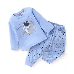 Babyhug Single Jersey Cotton Knit Full Sleeves Night Suit with Astronaut & Stars Print - Blue