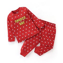 Babyhug Single Jersey Cotton Knit Full Sleeves Night Suit with Text & Stars Print - Red