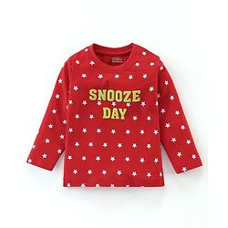 Babyhug Single Jersey Cotton Knit Full Sleeves Night Suit with Text & Stars Print - Red
