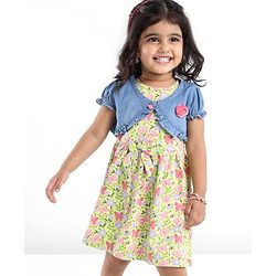 Babyhug 100% Cotton Knit Frock With Half Sleeves Denim Jacket Floral Print - Green & Blue