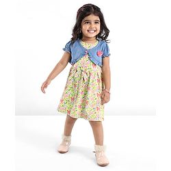 Babyhug 100% Cotton Knit Frock With Half Sleeves Denim Jacket Floral Print - Green & Blue