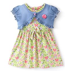 Babyhug 100% Cotton Knit Frock With Half Sleeves Denim Jacket Floral Print - Green & Blue