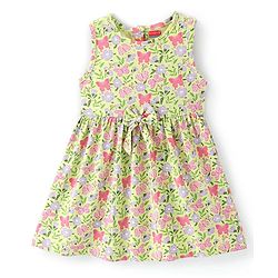 Babyhug 100% Cotton Knit Frock With Half Sleeves Denim Jacket Floral Print - Green & Blue