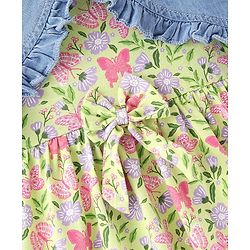 Babyhug 100% Cotton Knit Frock With Half Sleeves Denim Jacket Floral Print - Green & Blue
