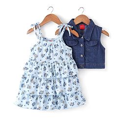 Babyhug Cotton Knit Floral Printed Layered Frock with Sleeveless Denim Jacket - Blue