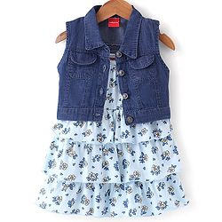 Babyhug Cotton Knit Floral Printed Layered Frock with Sleeveless Denim Jacket - Blue