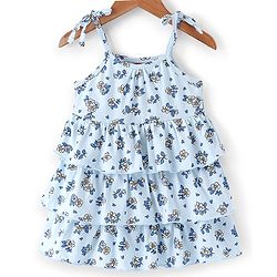Babyhug Cotton Knit Floral Printed Layered Frock with Sleeveless Denim Jacket - Blue