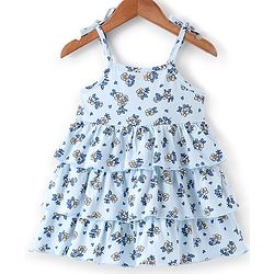 Babyhug Cotton Knit Floral Printed Layered Frock with Sleeveless Denim Jacket - Blue
