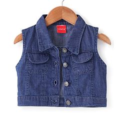 Babyhug Cotton Knit Floral Printed Layered Frock with Sleeveless Denim Jacket - Blue