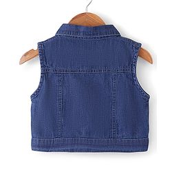Babyhug Cotton Knit Floral Printed Layered Frock with Sleeveless Denim Jacket - Blue