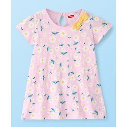 Babyhug 100% Cotton Short Sleeves Knit Dress Daisy Print - Pink