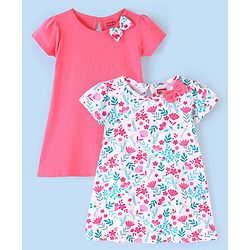 Babyhug 100% Cotton Knitted Half Sleeves Frock With Bow Applique Floral Print Pack Of 2- White & Pink