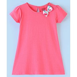 Babyhug 100% Cotton Knitted Half Sleeves Frock With Bow Applique Floral Print Pack Of 2- White & Pink