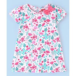 Babyhug 100% Cotton Knitted Half Sleeves Frock With Bow Applique Floral Print Pack Of 2- White & Pink