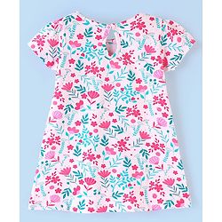 Babyhug 100% Cotton Knitted Half Sleeves Frock With Bow Applique Floral Print Pack Of 2- White & Pink