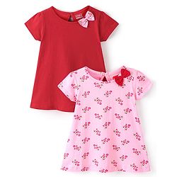 Babyhug 100% Cotton Knitted Half Sleeves Frock With Bow Applique Floral Print Pack Of 2- Red & Pink
