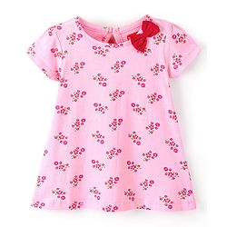 Babyhug 100% Cotton Knitted Half Sleeves Frock With Bow Applique Floral Print Pack Of 2- Red & Pink
