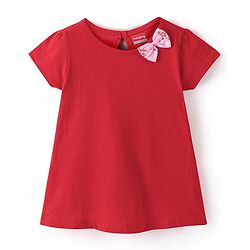 Babyhug 100% Cotton Knitted Half Sleeves Frock With Bow Applique Floral Print Pack Of 2- Red & Pink