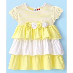Babyhug Cotton Knit Cap Sleeves Frilled Layered Frock with Floral Corsage - Yellow