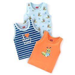 Babyhug Single Jersey Sleeveless Sando Stripes & Caterpillar Print Pack of 3 - Orange & Blue