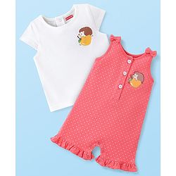 Babyhug Single Jersey Knit Dungaree Set With Porcupine Printed Half Sleeves Tee - White & Pink