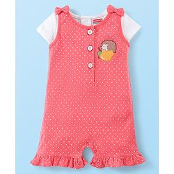 Babyhug Single Jersey Knit Dungaree Set With Porcupine Printed Half Sleeves Tee - White & Pink
