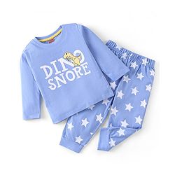 Babyhug Cotton Full Sleeves Night Suit Dino & Stars Print- Blue