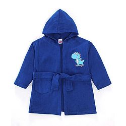 Babyhug Terry Knit Full Sleeves Hooded Bath Robe With Dino Patch - Navy Blue