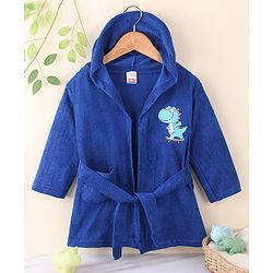Babyhug Terry Knit Full Sleeves Hooded Bath Robe With Dino Patch - Navy Blue