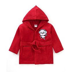 Babyhug Terry Full Sleeves Hooded Bath Robe With Panda Patch- Red