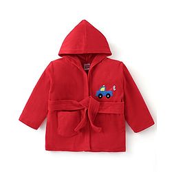 Babyhug Terry Full Sleeves Hooded Bath Robe Car Print- Red