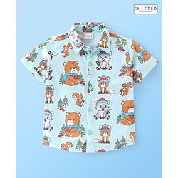 Babyhug 100% Cotton Knit Half Sleeves Regular Shirt with Teddy Print - Blue
