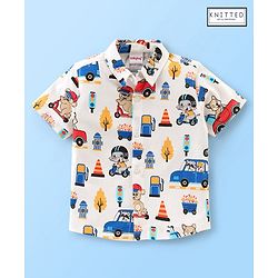 Babyhug 100% Cotton Knit Half Sleeves Vehicle Print Shirt - OffWhite