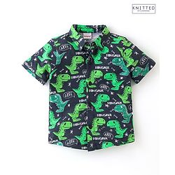 Babyhug 100% Cotton Knit Half Sleeves Shirt Dino Print - Navy Blue