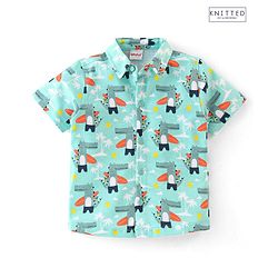 Babyhug 100% Cotton Knit Half Sleeves Regular Shirt Croc with Surf Board Print - Blue